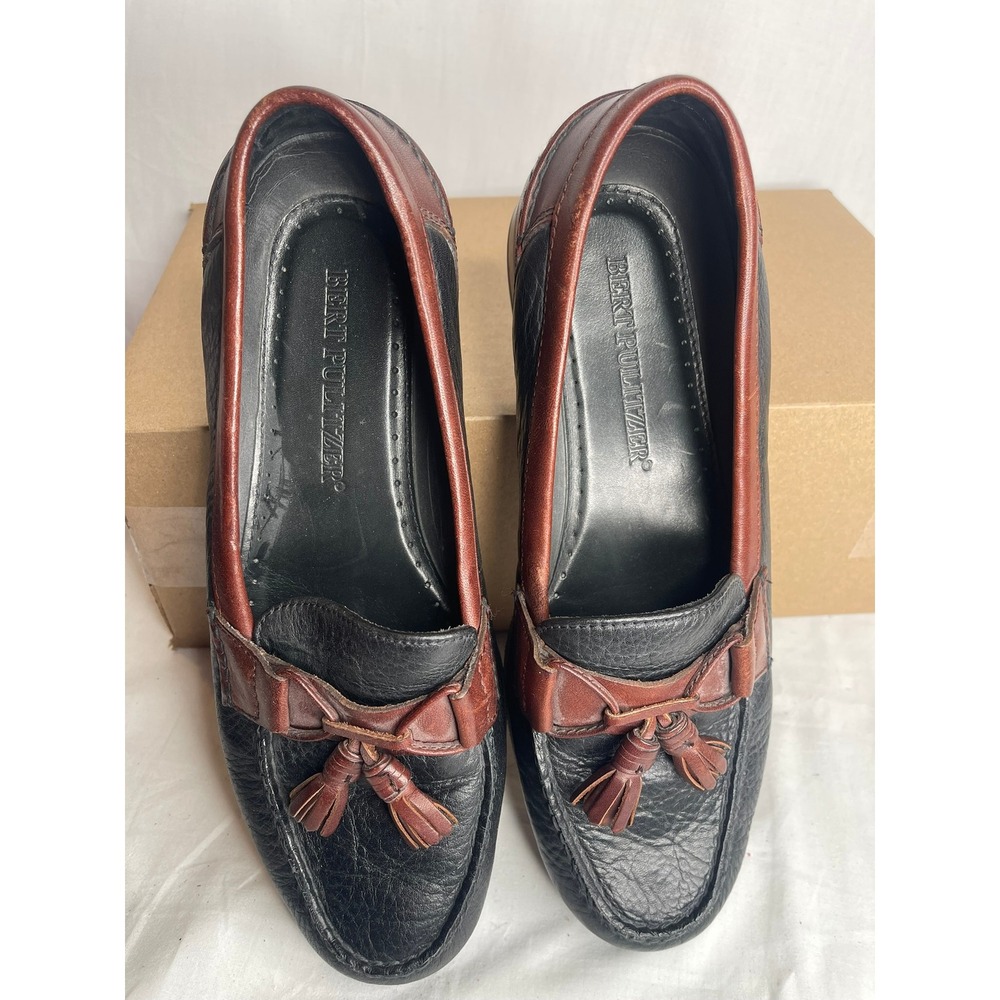 Bert Pulitzer Mens 9.5 Full Grain Leather‎ Tassel Loafers Black Brown Two Tone